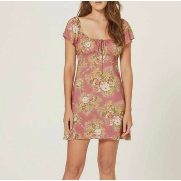 Auguste the Label Bonnie Beachside Peasant Mini Dress Peach Pink Floral 6